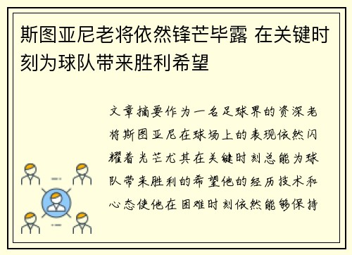 斯图亚尼老将依然锋芒毕露 在关键时刻为球队带来胜利希望 斯图亚尼老将依然锋芒毕露 在关键时刻为球队带来胜利希望