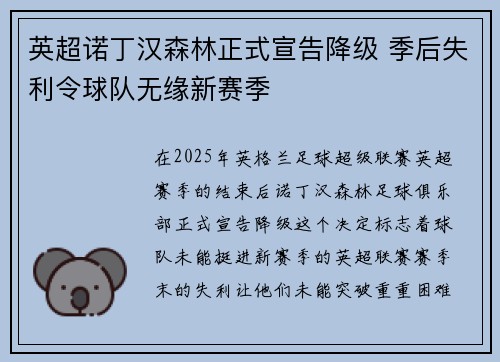 英超诺丁汉森林正式宣告降级 季后失利令球队无缘新赛季
