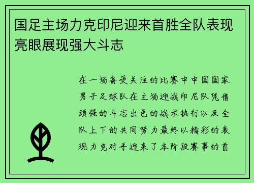 国足主场力克印尼迎来首胜全队表现亮眼展现强大斗志