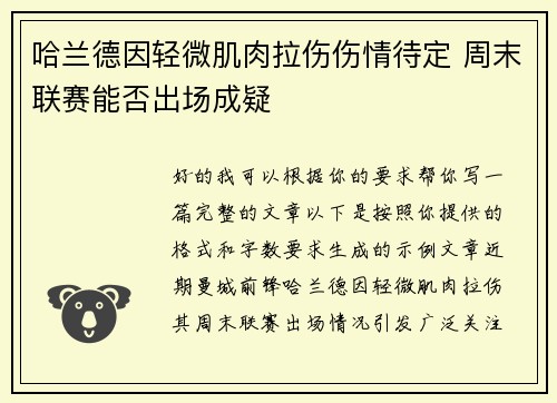 哈兰德因轻微肌肉拉伤伤情待定 周末联赛能否出场成疑