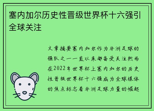 塞内加尔历史性晋级世界杯十六强引全球关注