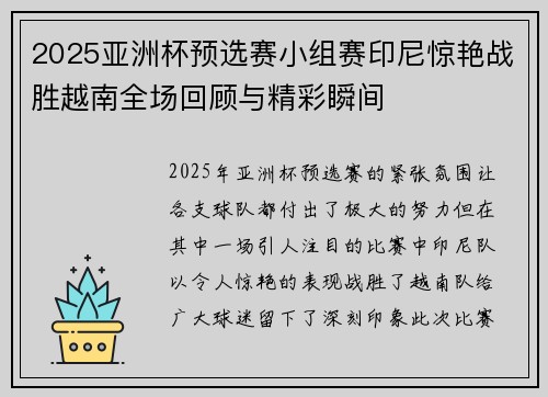 2025亚洲杯预选赛小组赛印尼惊艳战胜越南全场回顾与精彩瞬间