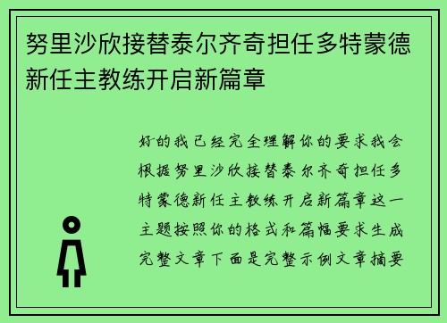 努里沙欣接替泰尔齐奇担任多特蒙德新任主教练开启新篇章 努里沙欣接替泰尔齐奇担任多特蒙德新任主教练开启新篇章